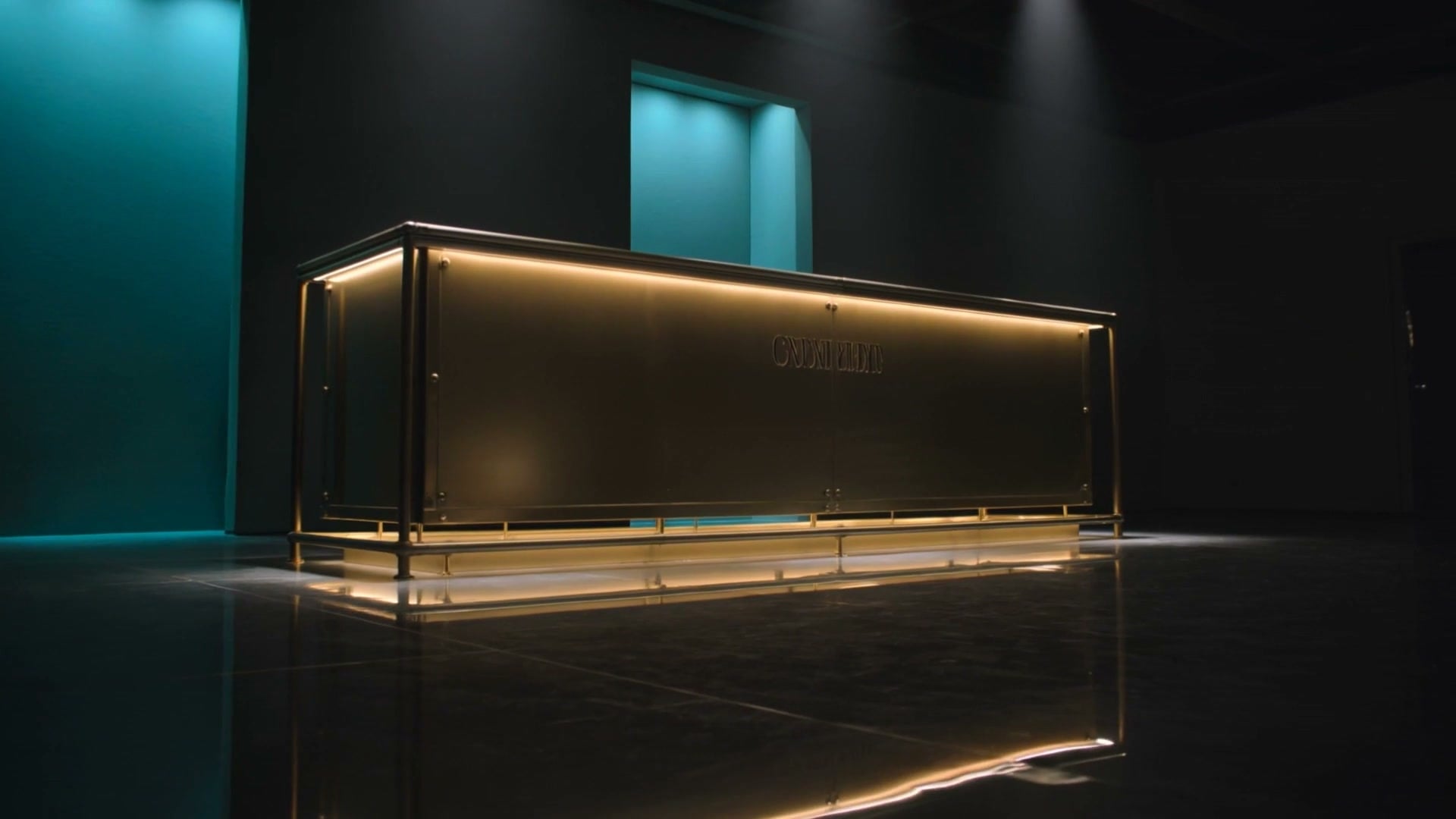 A lit bar counter in a dark teal event space, from the Bluebell brand film